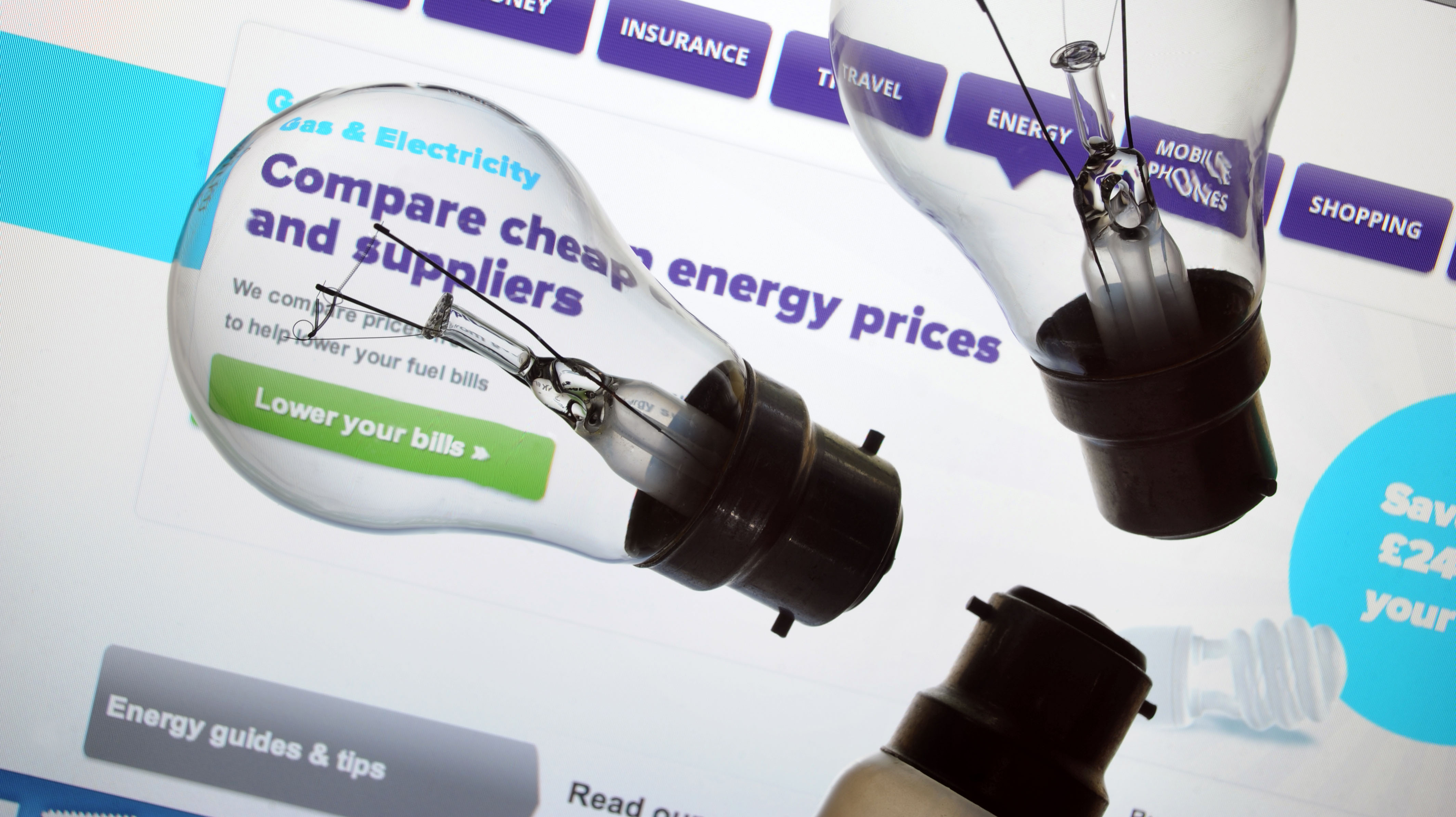 Electric bulbs over a comparison website for gas and electricity tariffs