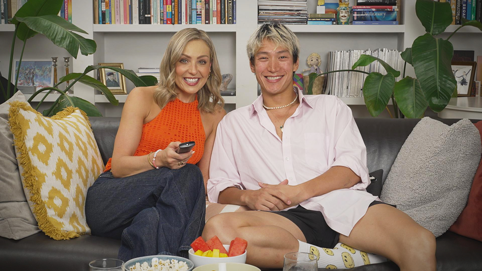 Amy Dowden and Carlos Gu on the sofa for Celebrity Gogglebox