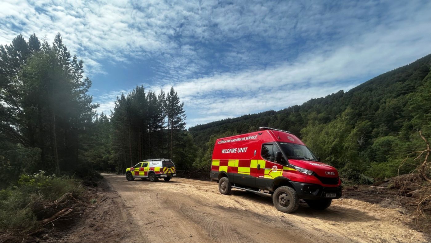 Wildfire units sitting on firebreak in Cairngorms