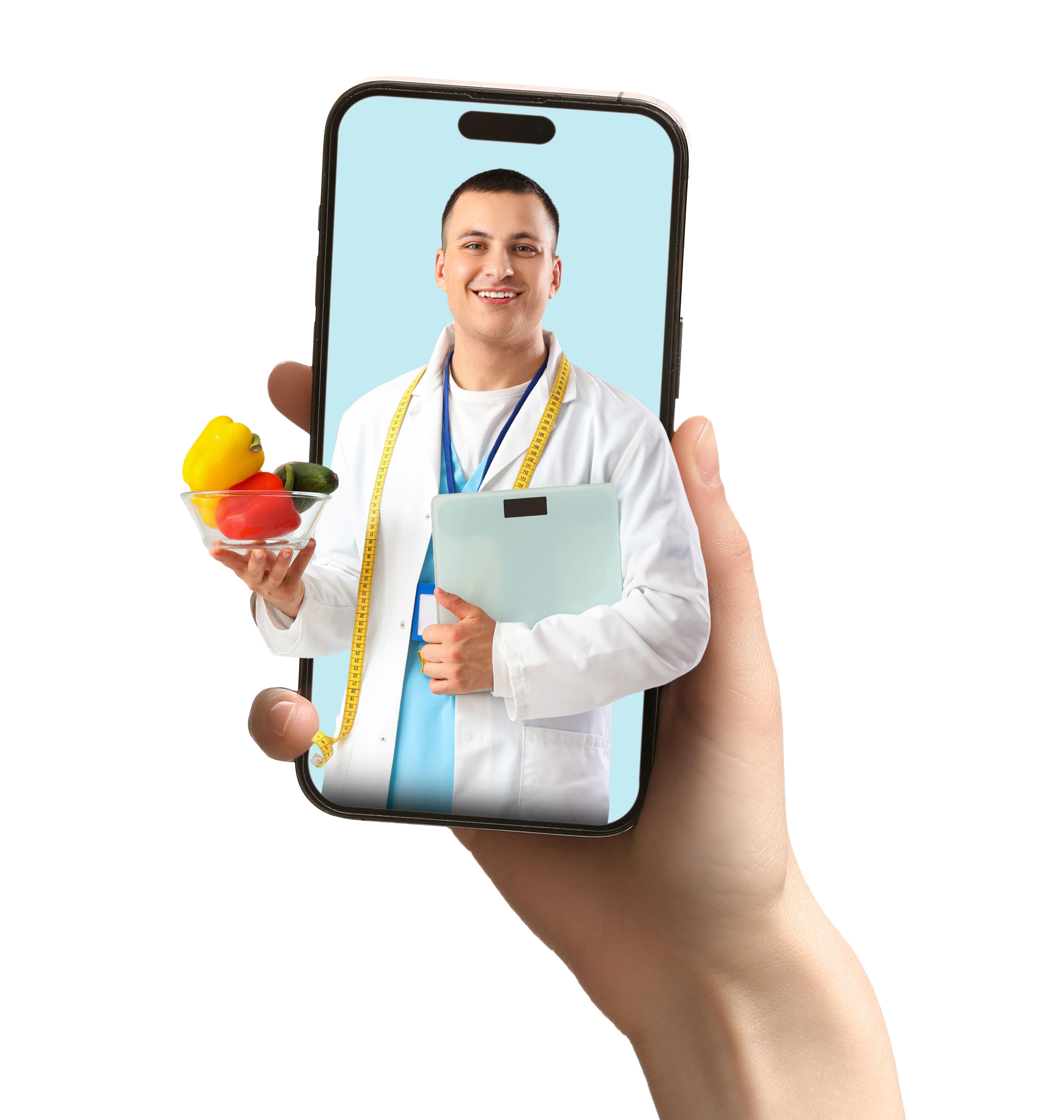 Hand holding mobile phone with male nutritionist popping out of screen