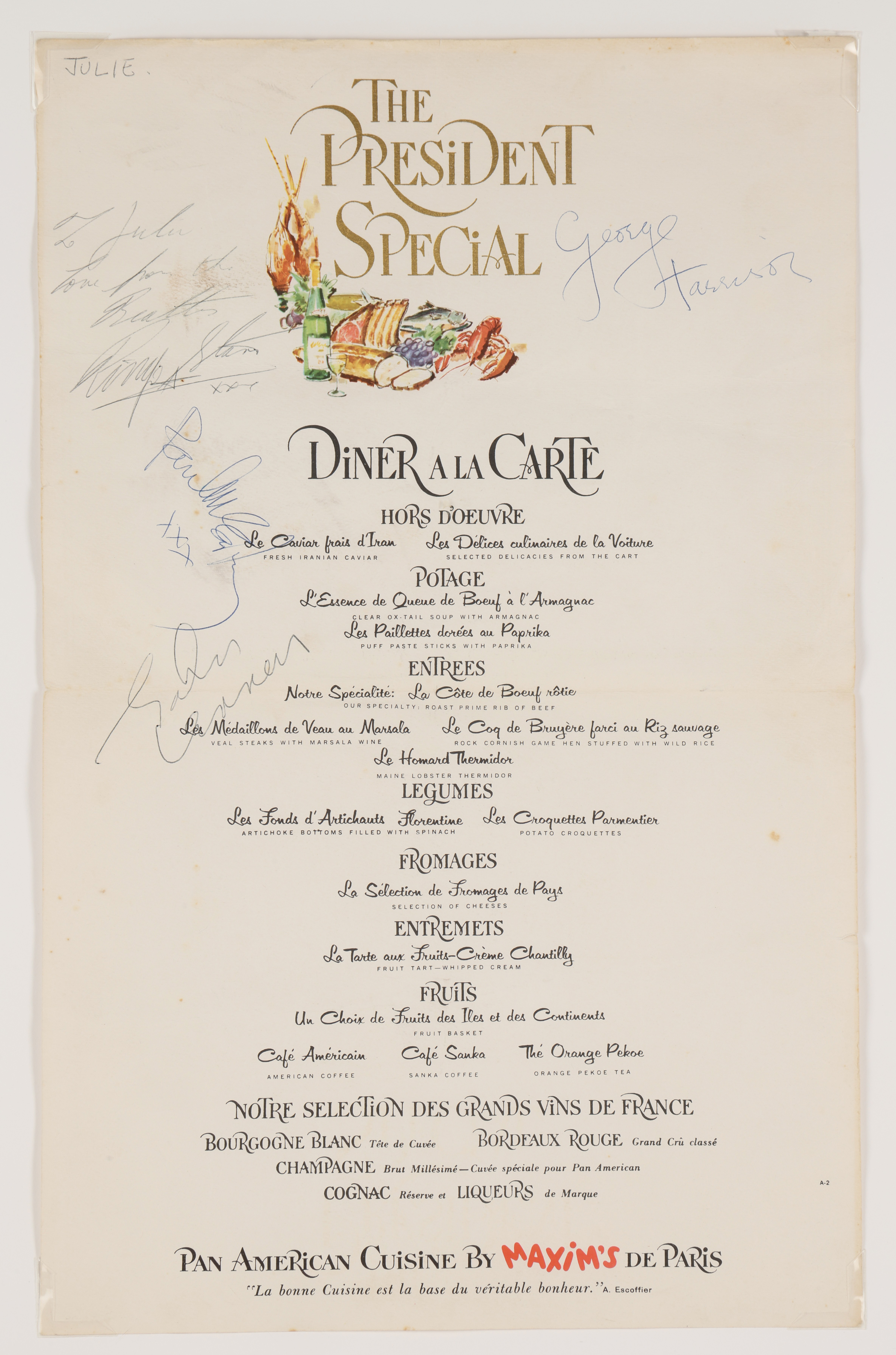 A Pan American Airways menu signed by all four members of The Beatles during their first flight to the US