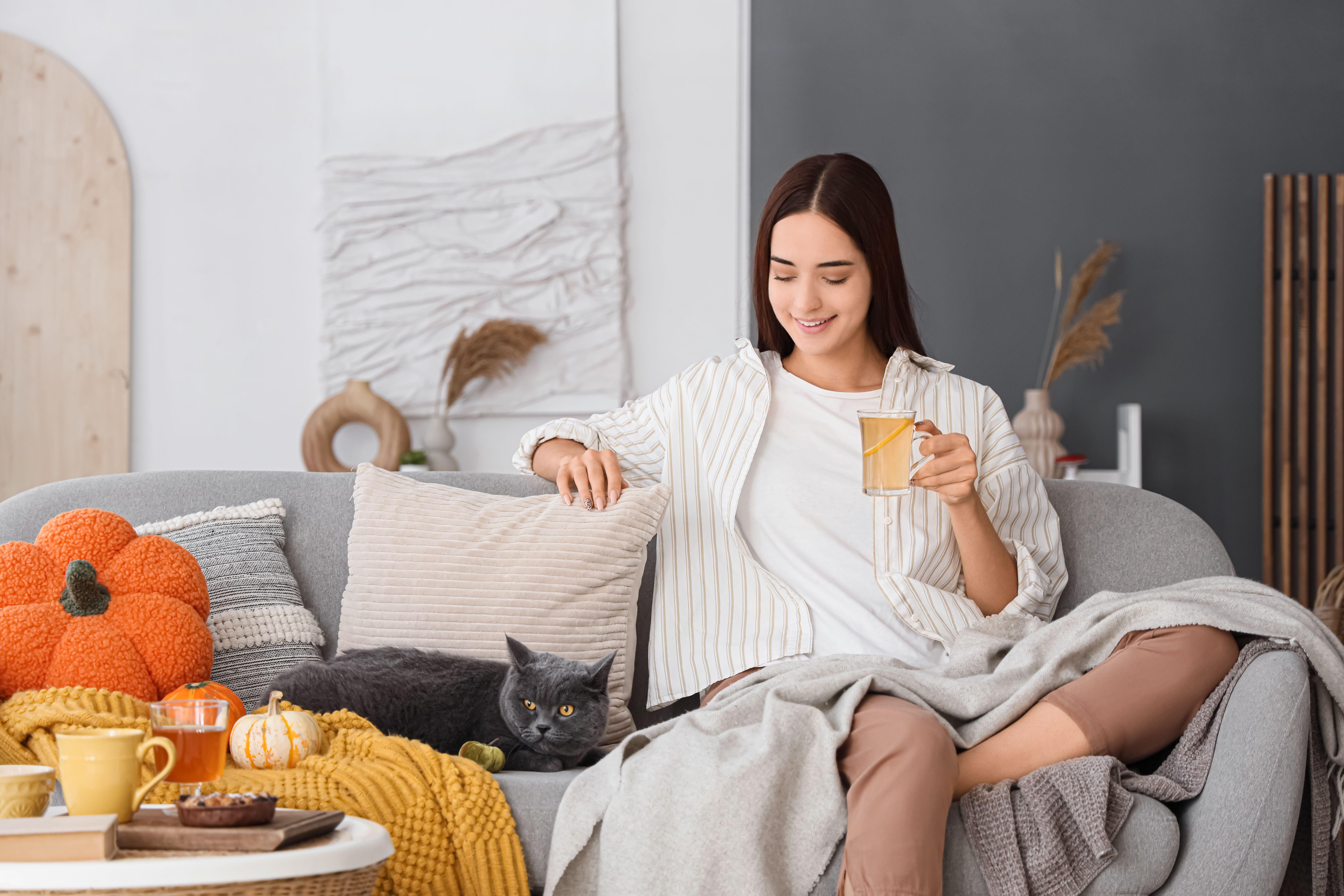 Young woman sitting on sofa with blanket holding tea and stroking cat