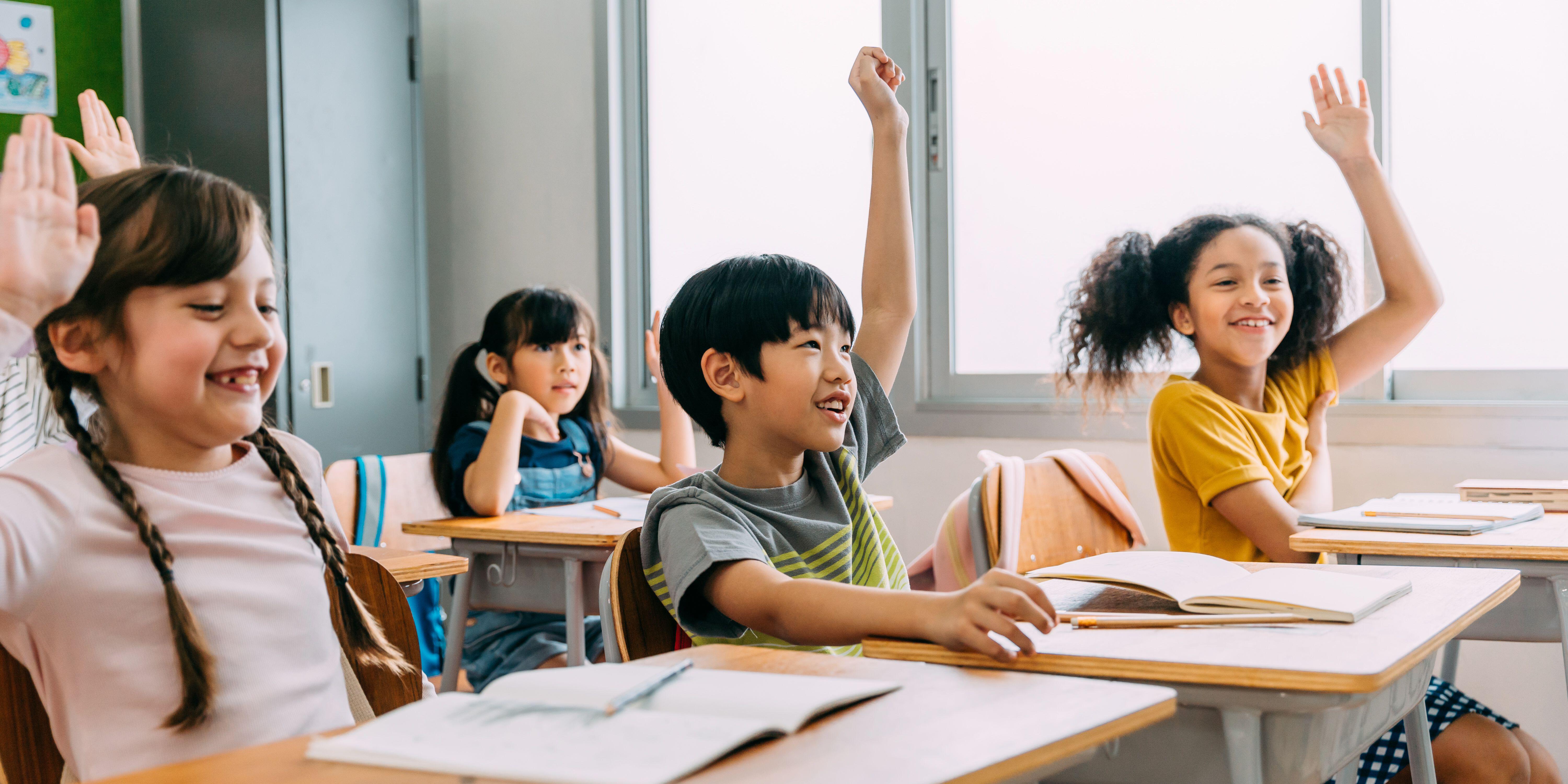 Young boy sitting at desk in classroom with hand up (Alamy/PA)