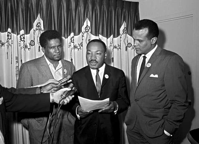 From left: James Foreman, executive secretary of the Student Non-violent Co-ordinating Committee, civil rights leader Martin Luther King Jnr, and Belafonte in April 1965