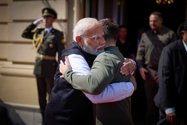 Narendra Modi and Volodymyr Zelensky embrace in Kyiv