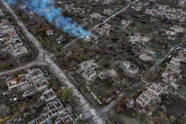 An aerial view of Chasiv Yar shows the frontline city in ruins after heavy fighting between Russian and Ukrainian forces, Donetsk Region