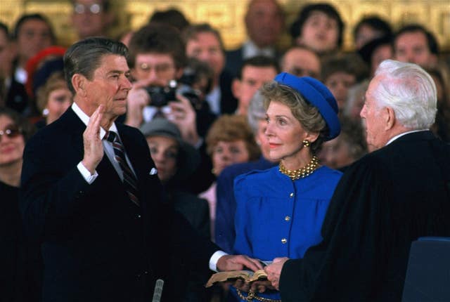 Ronald Reagan and Nancy Reagan at his swearing-in in the Rotunda on January 21 1985