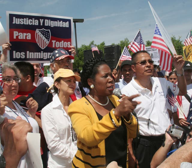 Sheila Jackson Lee speaks during an immigration rally in Guadalupe Plaza in Houston, Texas, in 2006