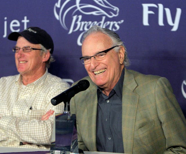 Horse breeder Jerry Moss, owner of Zenyatta, during a news conference with trainer John Shirreffs, left, after the Breeders’ Cup draw at Santa Anita Park in Arcadia, California, on November 3 2009 