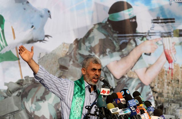 Yahya Sinwar talks during a rally in Khan Younis, southern Gaza Strip, on October 21 2011 