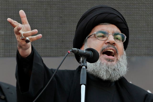 A file photograph of Hassan Nasrallah addressing a crowd in Beirut