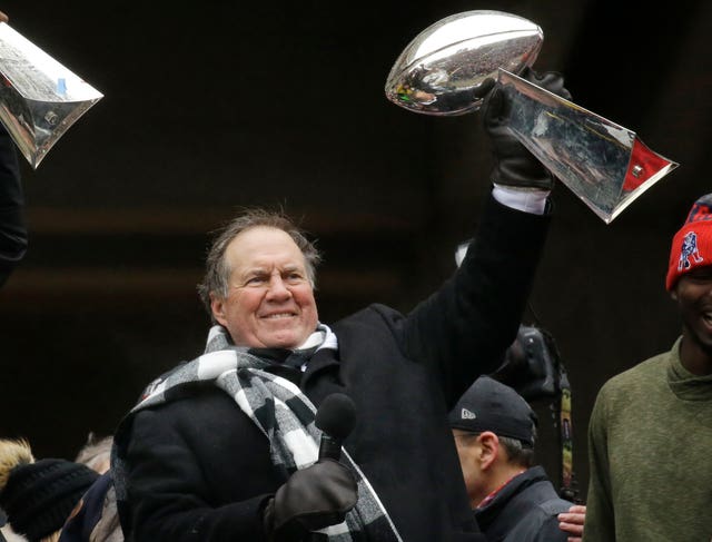 Bill Belichick lifts the Lombardi Trophy after Super Bowl LI