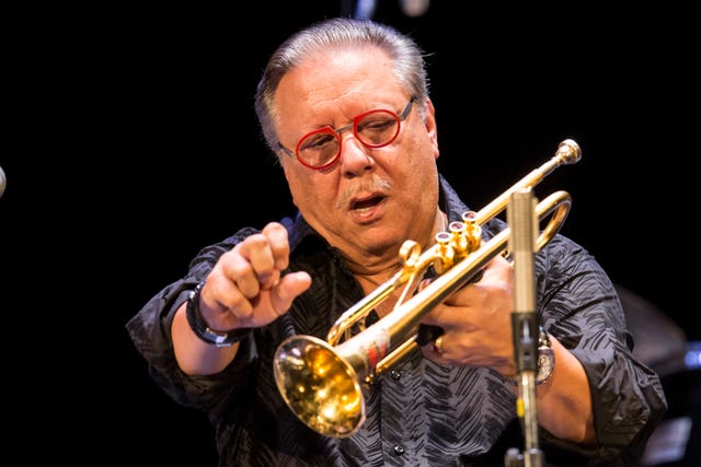 Man in a grey shirt plays the trumpet