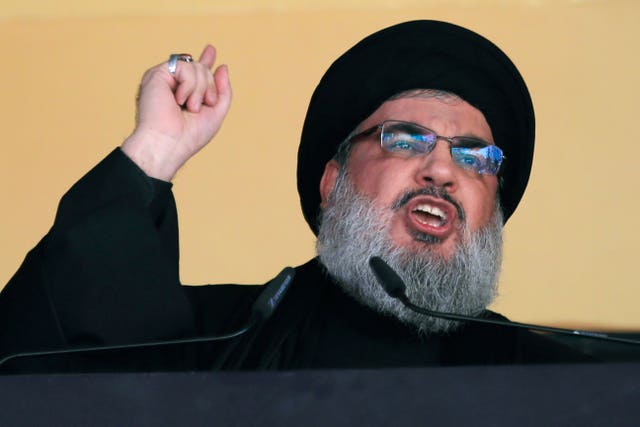 Mideast In this Oct. 24, 2015 file photo, Hezbollah leader Sheik Hassan Nasrallah addresses a crowd during the holy day of Ashoura, in a southern suburb of Beirut, Lebanon