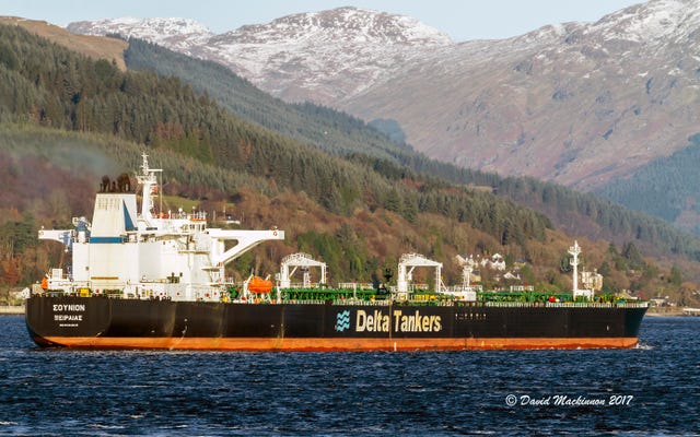 The Greek-flagged oil tanker Sounion is seen heading into the Finnart Ocean Terminal in the UK 