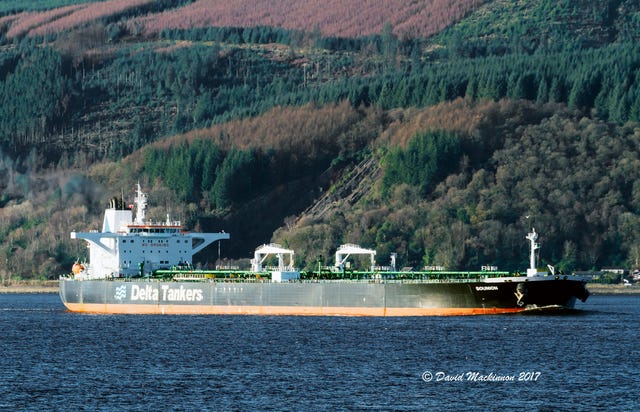 The Greek-flagged oil tanker Sounion is seen heading into the Finnart Ocean Terminal in the United Kingdom on November 29, 2017