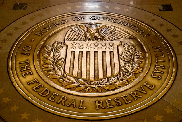 The seal of the Board of Governors of the United States Federal Reserve System is displayed in the ground at the Marriner S Eccles Federal Reserve Board Building in Washington 
