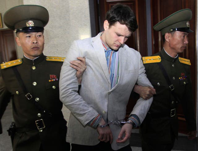 American student Otto Warmbier is escorted at the Supreme Court in Pyongyang, North Korea, on March 16 2016