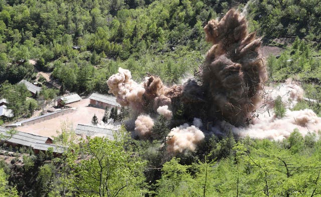 Command post facilities at one of North Korea’s nuclear test sites are demolished in Punggye-ri, North Korea, on May 24 2018