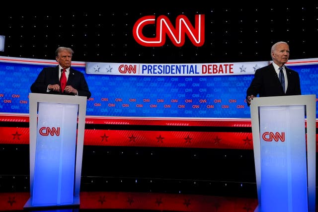 President Joe Biden and Donald Trump on stage during TV debate