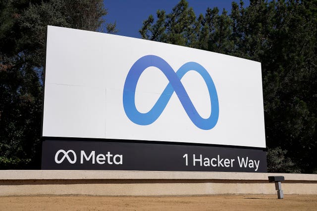 Facebook’s Meta logo sign at the company headquarters in Menlo Park, California
