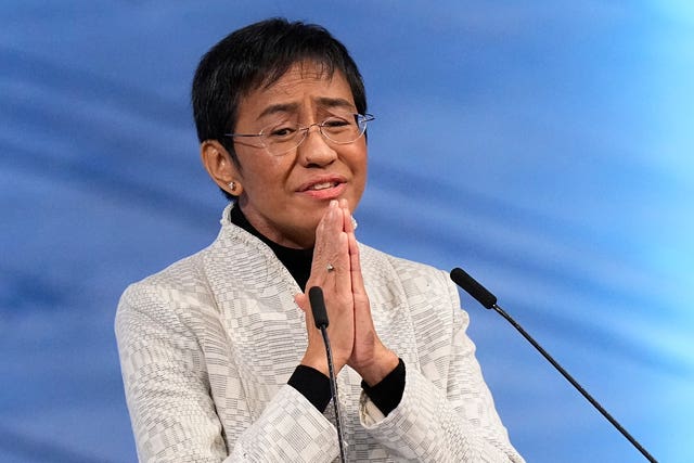 Nobel Peace Prize winner Maria Ressa of the Philippines gestures as she speaks during the Nobel Peace Prize ceremony at Oslo City Hall, Norway 