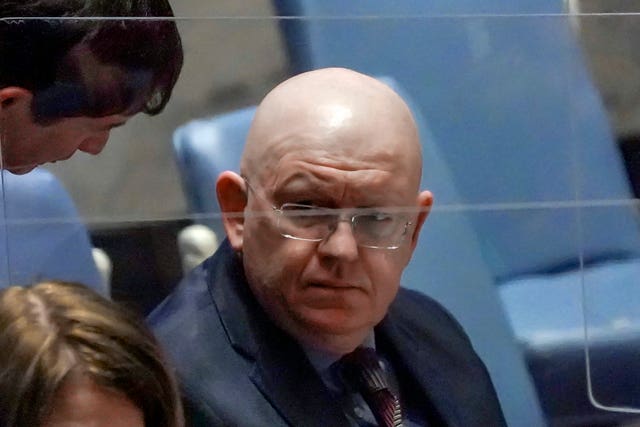 Russian ambassador Vasily Nebenzia confers during a meeting of the United Nations Security Council on the humanitarian crisis in Ukraine last March