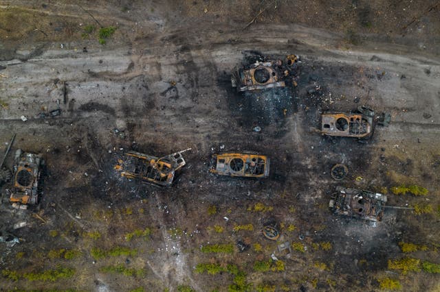 Destroyed Russian armoured vehicles sit on the outskirts of Kyiv, Ukraine, in March 2022