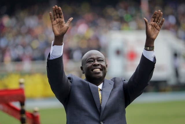 Kenya’s deputy president Rigathi Gachagua gestures to the crowd at the swearing-in ceremony for Kenya’s new president William Ruto, at Kasarani stadium in Nairobi, Kenya 