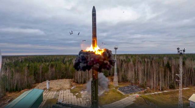 A Yars intercontinental ballistic missile is test-fired as part of a nuclear drill from a launch site in Plesetsk, northwestern Russia