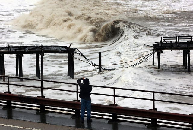 Powerful waves batter the Capitola Wharf after the storm destroyed a section of the structure in January  in Capitola, California 