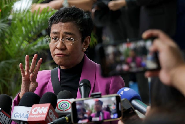 Filipino journalist Maria Ressa, one of the winners of the 2021 Nobel Peace Prize and Rappler CEO, speaks to the media after a court decision at the Court of Tax Appeals in Quezon City, Philippines, on Wednesday