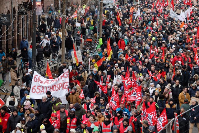 Protestors demonstrate against proposed pension changes in Strasbourg, eastern France