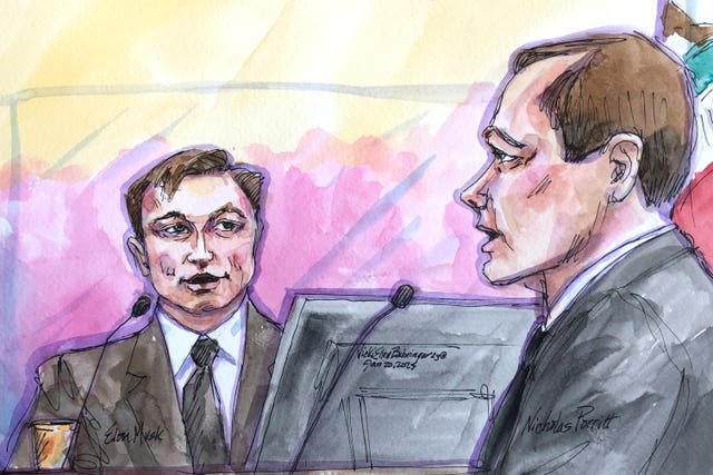 Courtroom sketch from Friday of Elon Musk, left, with shareholder lawyer Nicholas Porritt in federal court in San Francisco 