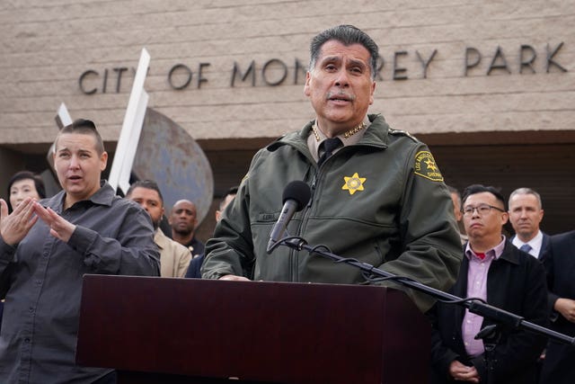 Los Angeles County Sheriff Robert Luna briefs the media outside the Civic Centre in Monterey Park
