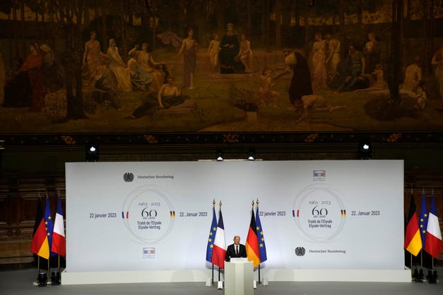 Olaf Scholz delivers his speech at Sorbonne University