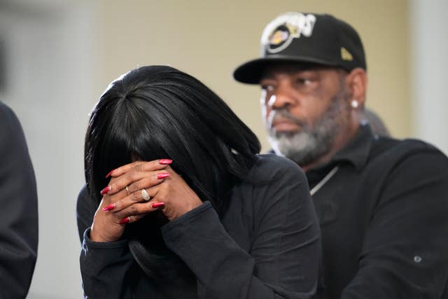 RowVaughn Wells, mother of Tyre Nichols, who died after being beaten by Memphis police officers, cries at a news conference in Memphis