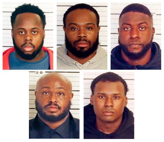 This combo of booking images provided by the Shelby County Sheriff’s Office shows, from top row from left, Tadarrius Bean, Demetrius Haley, Emmitt Martin III, bottom row from left, Desmond Mills, Jr and Justin Smith 