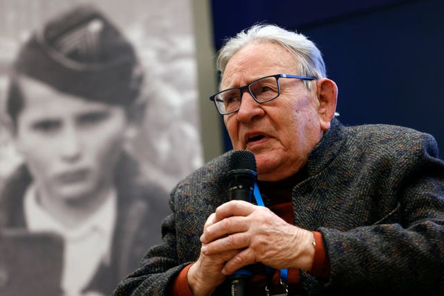 Holocaust survivor Bogdan Bartnikowski attends a meeting of survivors with media in Oswiecim, Poland