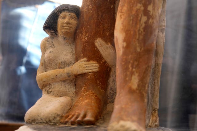 A recently discovered artifact is displayed at the site of the Step Pyramid of Djoser