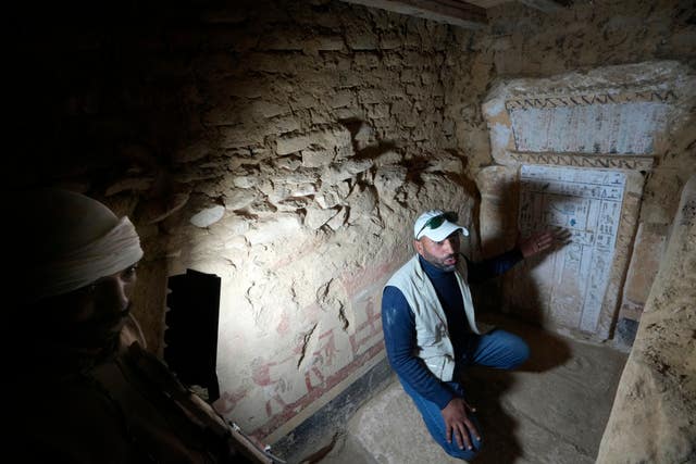 An Egyptian archeologist speaks from a recently discovered tomb dated to the Old Kingdom, 2700–2200 BC, at the site of the Step Pyramid of Djoser in Saqqara