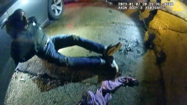 The image from video released on Jan. 27, 2023, by the City of Memphis, shows Tyre Nichols leaning against a car after a brutal attack by five Memphis police officers on Jan. 7, 2023, in Memphis, Tenn