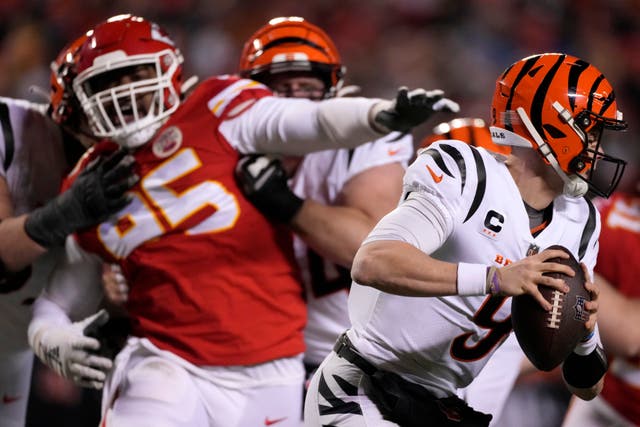 Chris Jones, left, pressures Cincinnati Bengals quarterback Joe Burrow in the Chiefs' AFC Championship game win