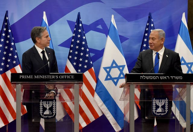 From left, US secretary of state Antony Blinken and Israeli Prime Minister Benjamin Netanyahu make statements to the media after their meeting at the Prime Minister’s Office in Jerusalem 