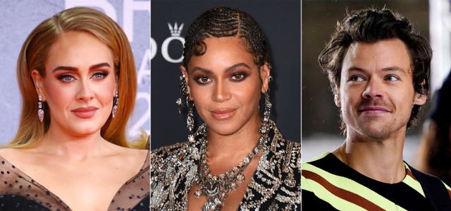 This combination of photos shows top nominees for the Grammy Awards, from left, Adele, Beyonce and Harry Styles