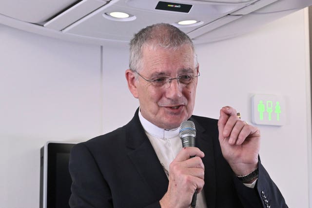 The Moderator of the General Assembly of the Church of Scotland Iain Greenshields meets journalists during an airborne press conference aboard the plane directed to Rome, at the end of Pope Francis's pastoral visit to Congo and South Sudan