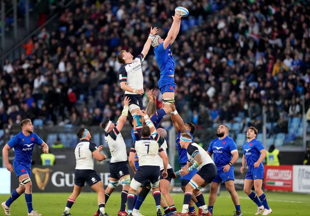 Players at a line out during Sunday's Six Nations match between Italy and France in Rome (Andrew Medichini/AP).