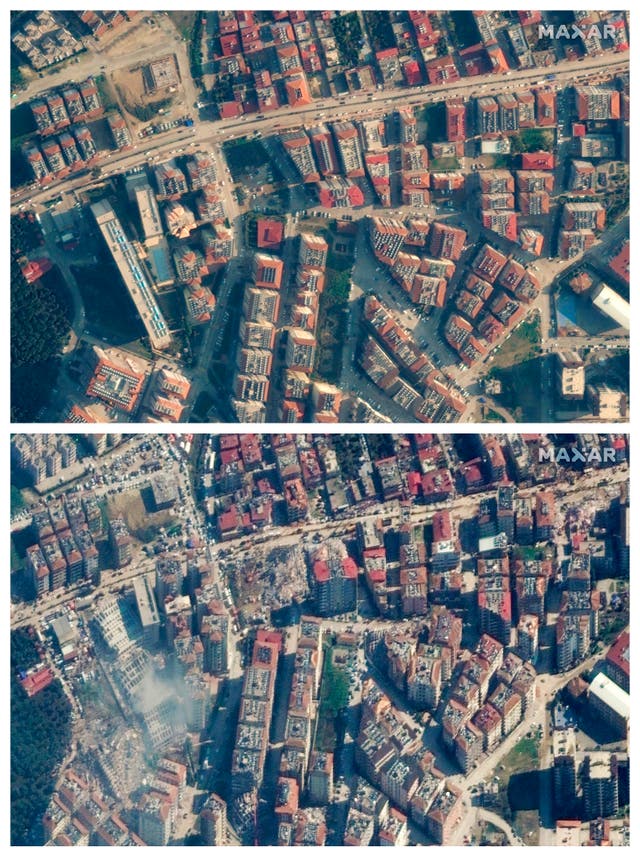 Satellite images shows buildings in Antakya, Turkey, before and after a powerful earthquake struck the region on Monday