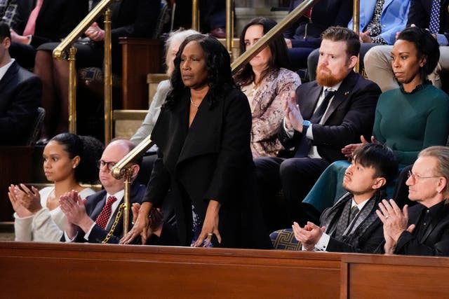 RowVaughn Wells, mother of Tyre Nichols, who died after being beaten by Memphis police officers, stands as she is recognized by President Joe Biden at the State of the Union address