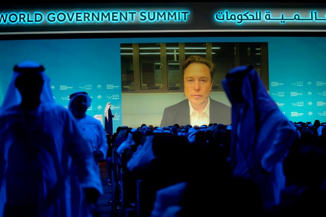Elon Musk talks virtually to UAE minister of cabinet affairs Mohammad Al Gergawi during the World Government Summit in Dubai, United Arab Emirates